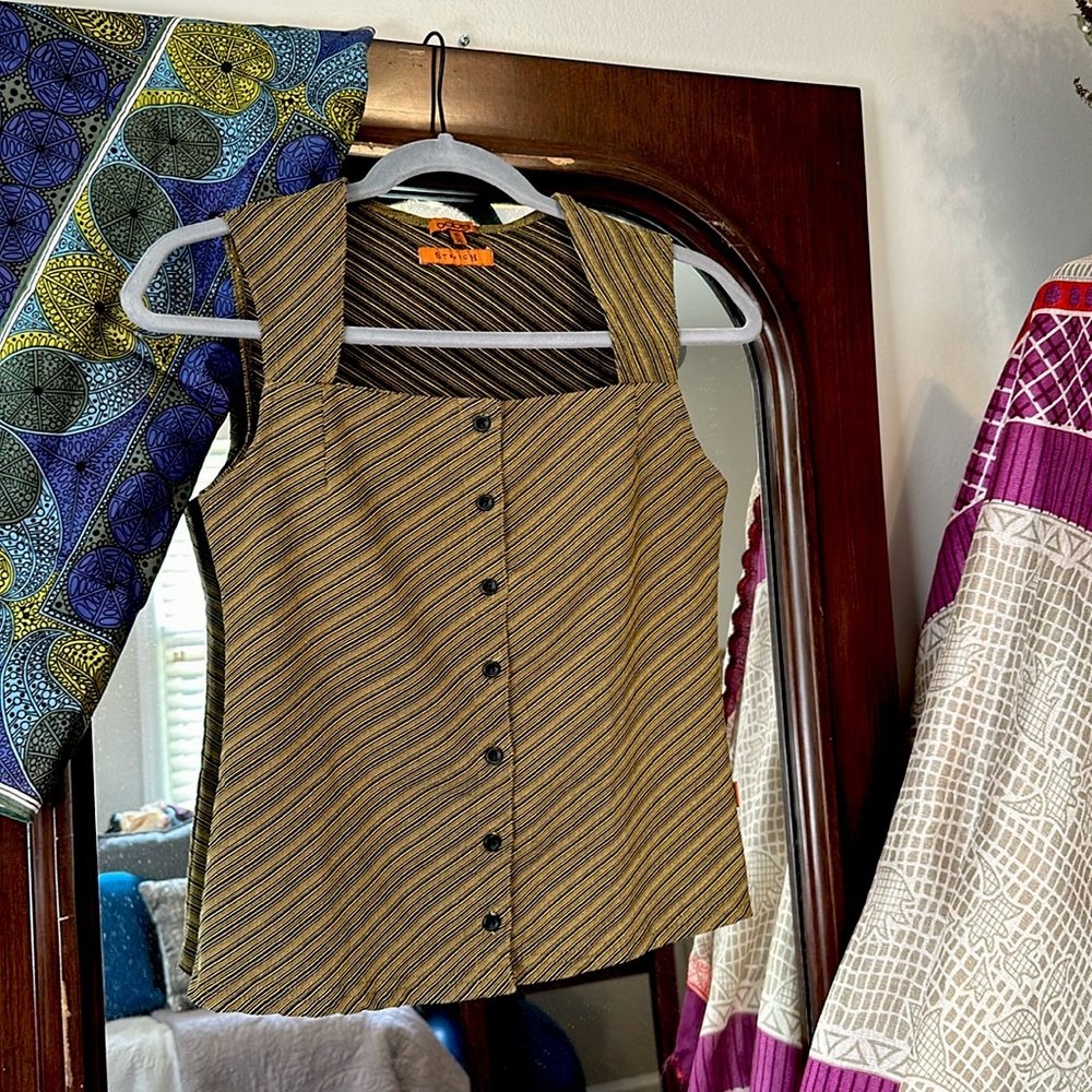 Black/Muted Yellow Striped Button Down w/ Square Neckline